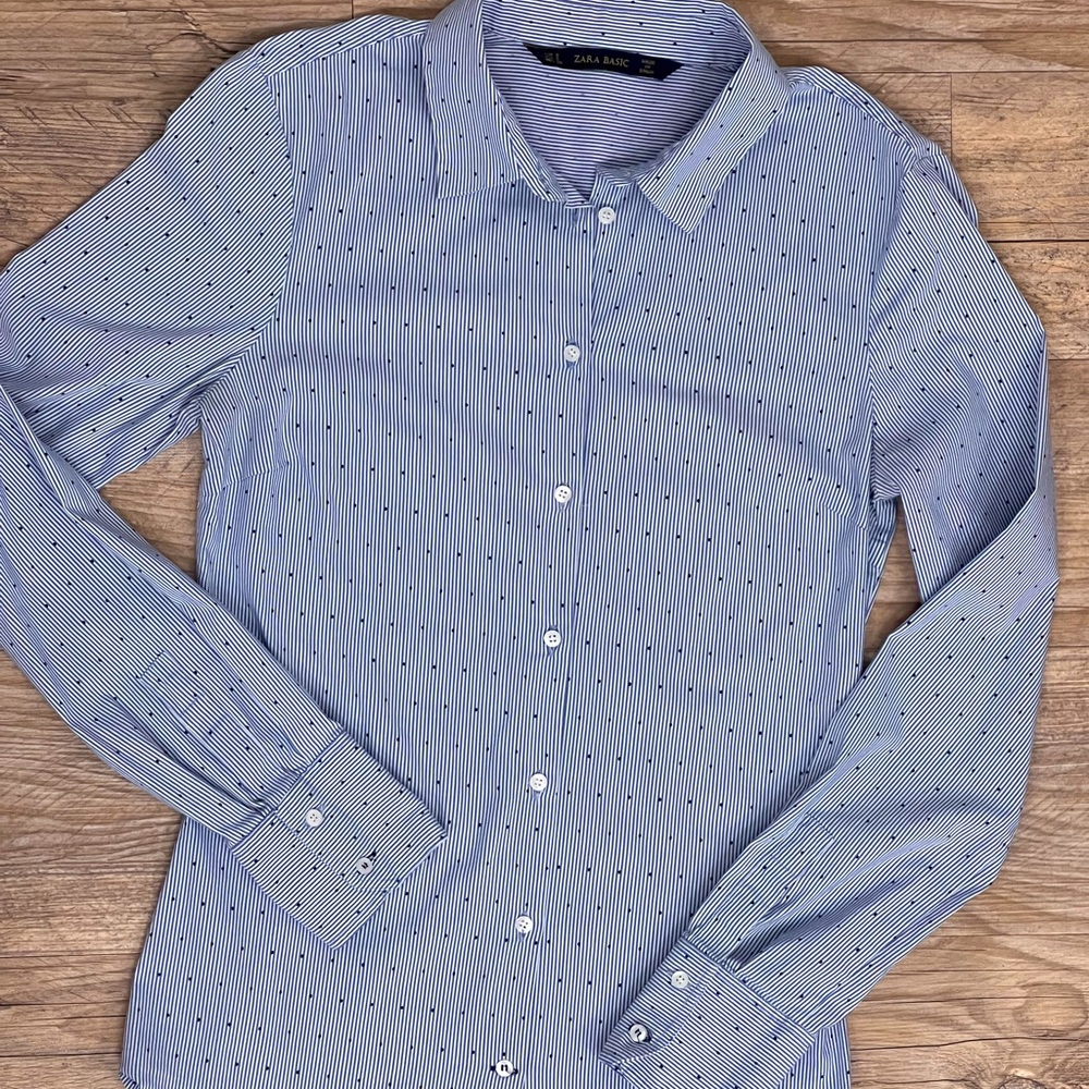 Zara Fitted Poplin Stripped Blue Shirt w/ Polka Dots
